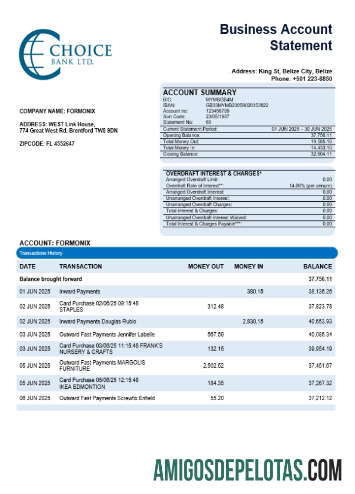 Declaração de empresa de negócios do Choice Bank em formato Word e PDF exemplo real